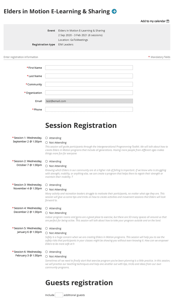 event registration form from NWT recreation and parks association