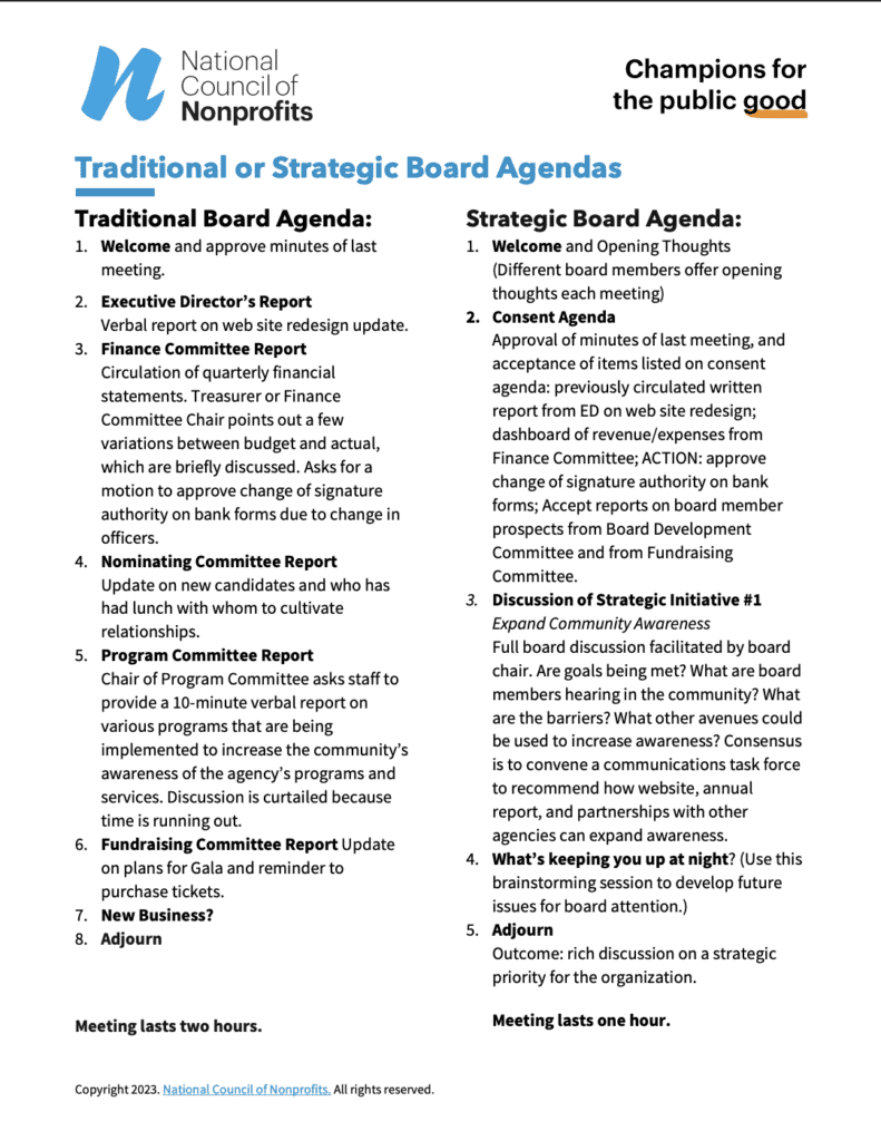 National Council of Nonprofits Board Agenda Sample